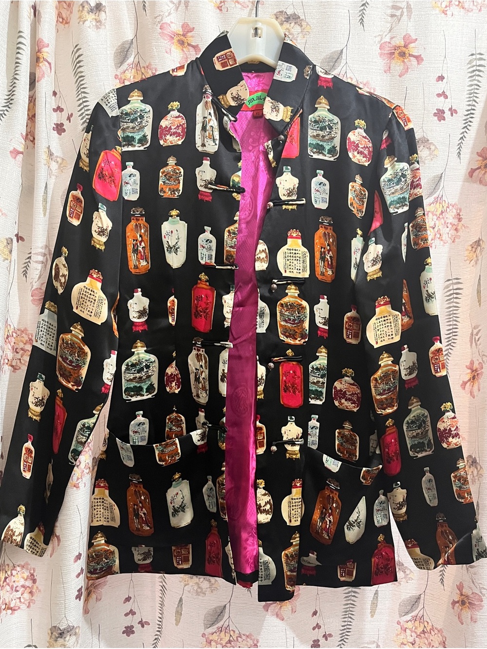 Silk-Blend Black Printed Jacket with Pink Lining